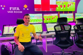 Singaporean referee Taqi Jahari in the video assistant referee room ahead of the Spain v Costa Rica match on Nov 23. 
