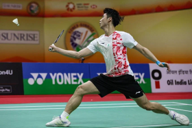 Loh Kean Yew during the match against Thailand&#039;s Kunlavut Vitidsarn at the India Open quarter-finals on Jan 20. 
