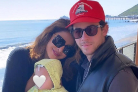 Priyanka Chopra shared photos of herself with her husband Nick Jonas and their daughter Malti at a Malibu beach on Sunday. 
