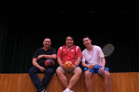 (From left) Former national bowler Lenny Lim, Tchoukball Association of Singapore president Delane Lim and ex-national badminton player Ronald Susilo. 
