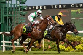 Fame Star (apprentice Jerlyn Seow) staving off Rocket Star (No. 5) at his last victory in the $100,000 Class 1 race over 1,200m on March 19, 2022. He is facing only Class 2 rivals with a handy weight on Saturday.