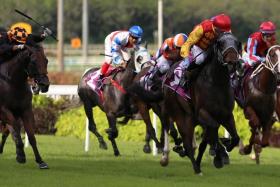 Jockey Daniel Moor steering the Michael Clements-trained Coin Toss (right) to win the Group 2 Singapore Three-Year-Old Classic over 1,400m on May 6. Saturday&#039;s extra 200m in the Singapore Guineas will suit him even more. PHOTO: STC
