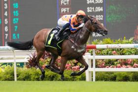 Charminton scoring the first of his three wins on June 26, 2022. Jockey Yusoff Fadzli, who rode him in all three victories, will again be astride on Sunday. ST PHOTO: SYAMIL SAPARI