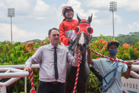 Trainer Shane Baertschiger leading in his back-to-back upset winner Grand Sage (apprentice Jerlyn Seow) on Sunday. The horse won narrowly (a nose and then a shorthead) over 1,400m on both occasions. Apprentice Ibrahim Mamat was astride in the first win on Aug 6. 