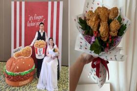 The couple posing against the photo backdrop. (Right) The unique fried chicken bridal bouquet. 