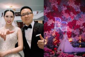 The bride wore a tiara and the groom was dressed in a tux. (Right) The bride against a huge backdrop of flowers.