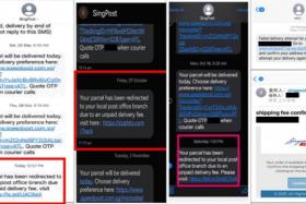 Examples of Singpost phishing text messages with URLs that direct victims to phishing websites.