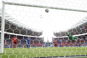 Italy&#039;s goalie Gianluigi Donnarumma beaten as Switzerland scores in the Round of 16 match on June 30.