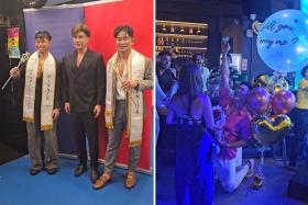 Mr Samuel Seow with Mr World Singapore 2024 Isaac Yip and Mr World Singapore (Senior) 2024 Terence Tea. Contestant Daryl Ng surprised his girlfriend with a marriage proposal in the middle of his performance.