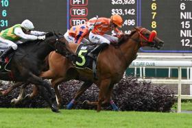 Pacific Gold (Daniel Moor) taking out a Class 4 1,200m race on June 1. The David Kok-trained galloper looks ready to run well on Aug 25.