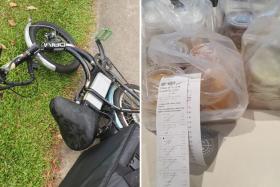 Since there were more than 10 cups of coffee waiting to be delivered, Mr Chen decided to drag the e-bike to a grass patch beside the road and deliver the items on foot.