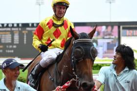 Popular Kranji jockey Vlad Duric seen here at his 701st – and last – Singapore win aboard the David Kok-trained Sabah Ace on March 23. The Australian is now based in Brisbane and was unsuccessful at two Group assignments at Kranji.