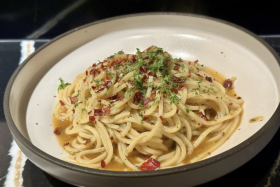 The chef&#039;s star aglio olio pasta.