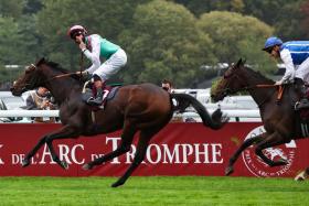 Irish jockey Rossa Ryan saluting the crowd after the Ralph Beckett-trained English mare Bluestocking races away from Aventure (Stephane Pasquier) to spring a mild surprise with her win in the 2024 Group 1 Qatar Prix de l&#039;Arc de Triomphe (2,400m) at Longchamp on Oct 6. It was a seventh Arc for the Juddmonte Farms.
