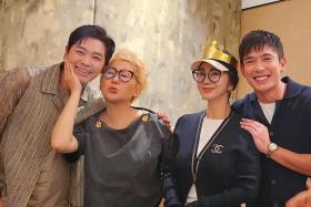 Taiwanese star Chen Mei-fen (second from right) celebrates her birthday with Singaporean actors Romeo Tan (far left) and Elvin Ng (far right) and Taiwanese host Pauline Lan (second from left) in Singapore.