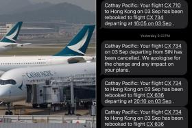 The family's trip to Hong Kong is delayed by 12 hours after Cathay Pacific cancelled multiple flights on Sept 3.