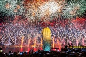 Fireworks seen from the Merlion Park during the NDP celebrations on Aug 9, 2023.