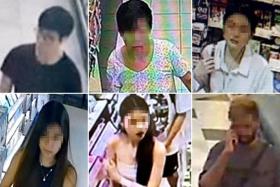 Suspected shoplifters caught on closed-circuit television cameras at Watsons, NTUC FairPrice, Sheng Siong, and Cold Storage from March 2023 to April 2024. 