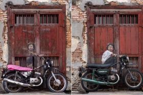 Iconic mural “Boy On A Bike” before and after restoration by Lithuanian artist Ernest Zacharevic.