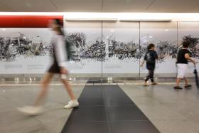 A mural at Holland Village MRT Station depicting iconic landmarks from the area.