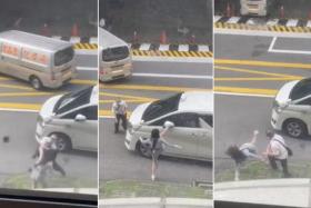 A one-minute video circulating on social media showed the man and the woman kicking and shouting at each other on the side of a road.