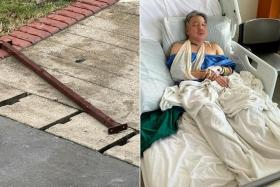 Mr Woe Weng Chai suffered a fractured skull and a deep gash on his forehead after a metal rod fell off an HDB rooftop and hit him.