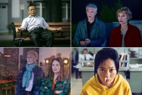 (Clockwise from top left) Lee Kang-sheng in Stranger Eyes, Vincent Cassel and Diane Kruger in The Shrouds, Bae Doona in Barking Dogs Never Bite, and Julianne Moore and Tilda Swinton in The Room Next Door.