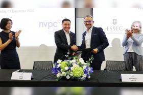 (From left) NVPC vice-chairwoman Chong Ee Rong, NVPC CEO Tony Soh, Essec Business School’s dean and president Vincenzo Vinzi and president of the board of directors Annick Schwebig at a signing of an MOU.