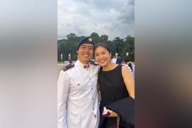 Lina Ng with her son Jeriel Lam at the OCS commissioning ceremony.