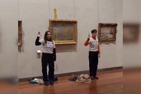 An image grab shows Claude Monet’s “Le Printemps” (Spring) after two activists threw soup at the glass-covered artwork.