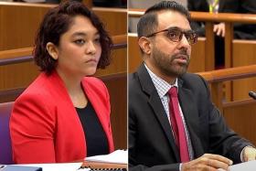 Raeesah Khan (left) and Leader of the Opposition Pritam Singh before the Parliament’s Committee of Privileges in December 2021.
