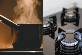 An induction stove (left) uses electromagnetic fields to directly heat cookware. The gas stove (right) is powered by gas and uses fire to heat or cook food.