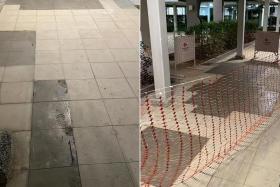 A layer of cement replaced cracked tiles at a HDB in Anchorvale.