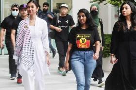 (From left) Siti Amirah Mohamed Asrori, Annamalai Kokila Parvathi and Mossammad Sobikun Nahar arriving at the State Courts on June 27, 2024.
