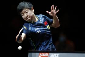 China&#039;s Sun Yingsha in action during the women&#039;s singles final match during the World Table Tennis Cup Finals in Singapore, on Dec 7, 2021.