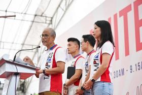 Mr Masagos Zulkifli giving the welcome speech during the Tampines Unite Gathering at the N8 Open Plaza at Tampines Street 81 on Oct 27.